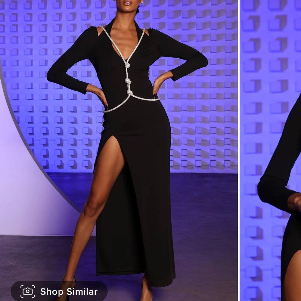 Fashion nova amari crystal robe maxi dress black Large NWT